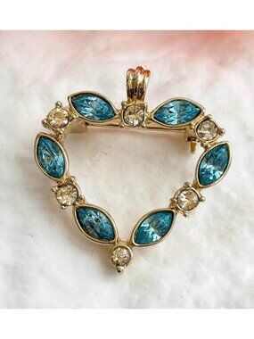Blue Marquise Rhinestone Heart Shaped Gold Toned 80's Vintage Brooch Pendant